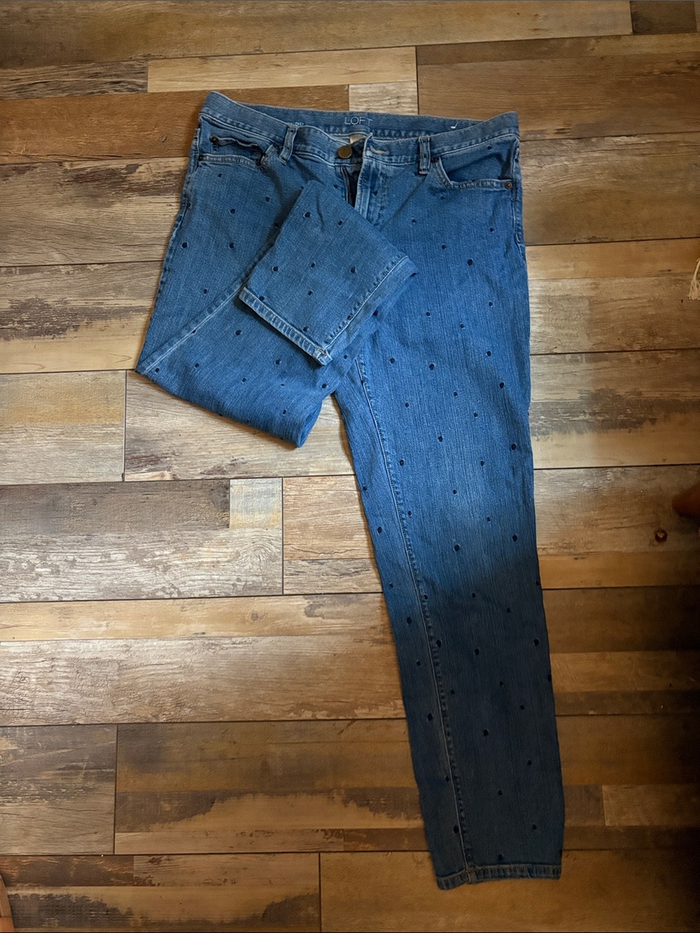 LOFT Blue Skinny Jeans with Black Dot Print